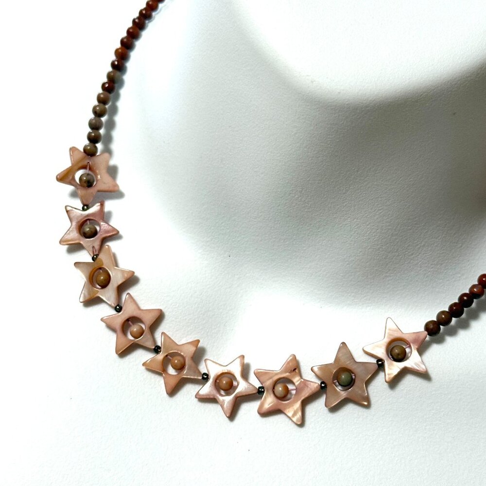 Starry Night Short Necklace, Beaded Pink Mother of Pearl Stars & Earthy Jasper